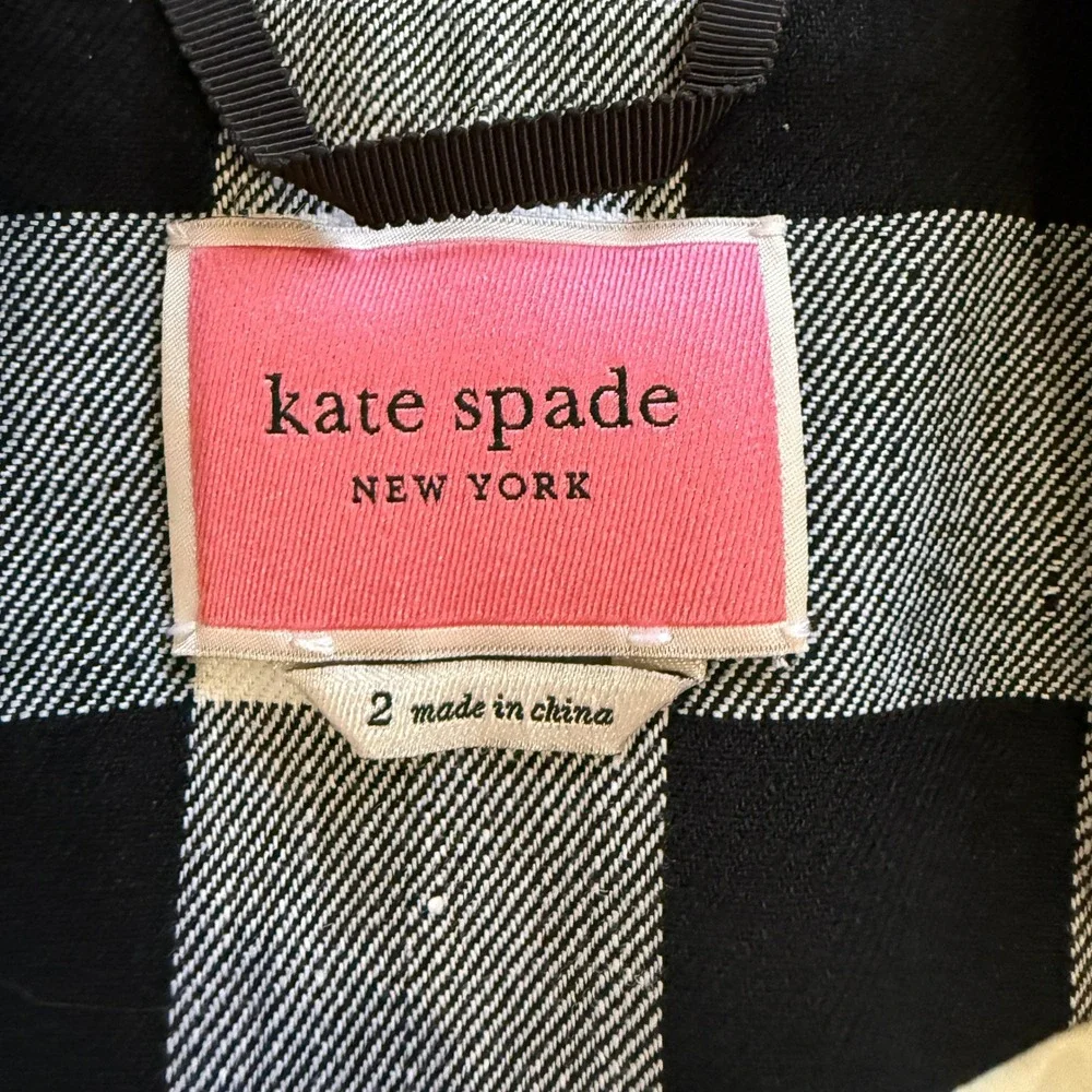 Kate Spade Gingham Linen Blend Double Breasted Blazer 2 Preppy Tailored Black